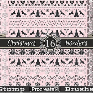 Christmas Decorative Border Pattern Procreate Stamps, Seamless Winter Holiday background, Brushset for iPad with Transparent Background