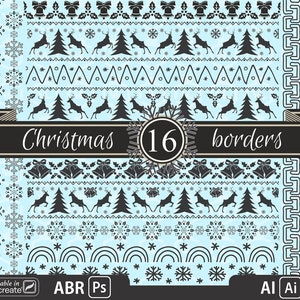 May include: A set of 16 digital Christmas borders in black and white on a light blue background. The borders feature various Christmas designs, including snowflakes, reindeer, Christmas trees, bells, and geometric patterns. The text "Christmas 16 borders" is displayed in the centre of the image.