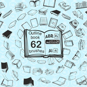 May include: An illustration featuring numerous black and white outline drawings of books in various positions. The central image is an open book with the text "Outline book 62 brushes" and the file formats ABR, Ps, AI, and the Procreate logo.