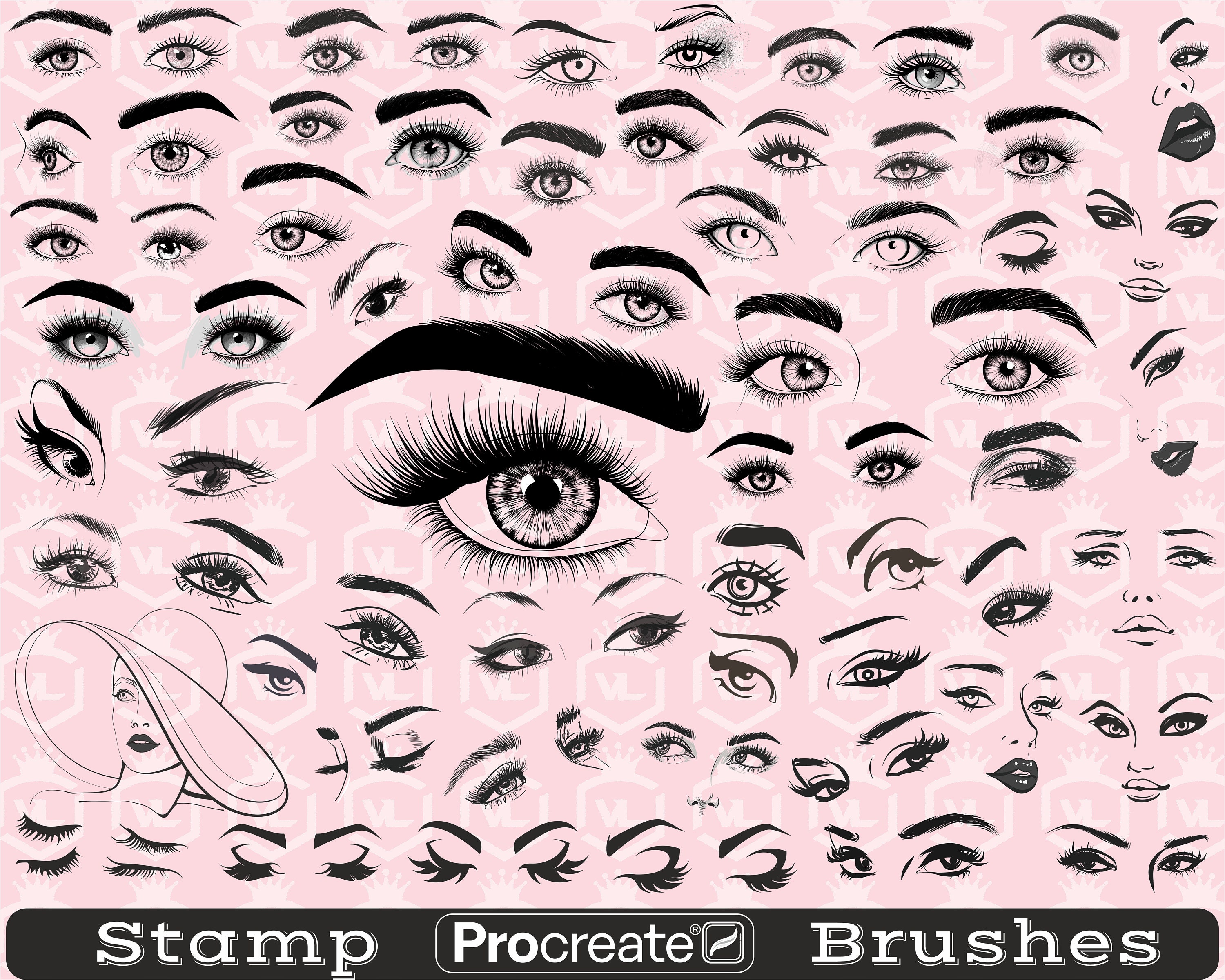 103 Women Eyebrow & Eyelash Procreate Stamp Brushes – Fashion Brow & Eye Brush Set for iPad