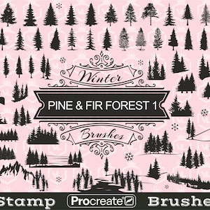 Pennelli per timbri Silhouette di abete e pino, timbri Procreate di alberi boschivi, set di pennelli per iPad, timbri Procreate di alberi sempreverdi di montagna
