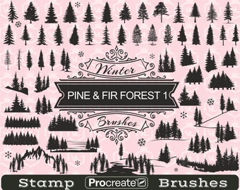 Fir and Pine Silhouette Stamp Brushes, Woodland Tree Procreate Stamps, Brushset for iPad, Mountain Evergreen Tree Procreate Stamps