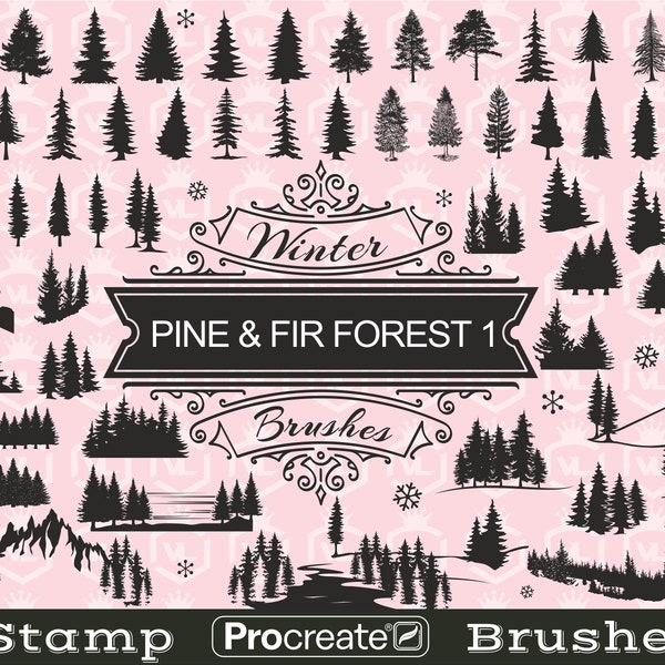 Tannen und Kiefer Silhouette Stempel, Wald Baum Procreate Stempel, Pinselset für iPad, Berg Evergreen Baum Procreate Stempel