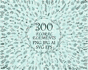 Floral hand drawn elements 300 pieces PNG files with transparent background Doodle Botanical Leaf Clipart Wedding floral illustration