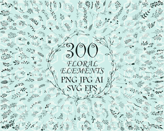 Floral hand drawn elements 300 pieces PNG files with transparent background Doodle Botanical Leaf Clipart Wedding floral illustration