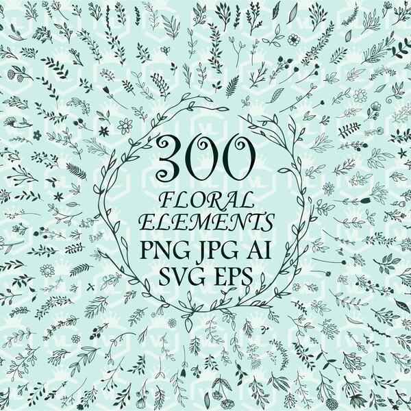 Floral hand gezeichnete Elemente 300 Stück PNG Dateien mit transparentem Hintergrund Doodle Botanische Blatt Clipart Hochzeit Blumen Illustration
