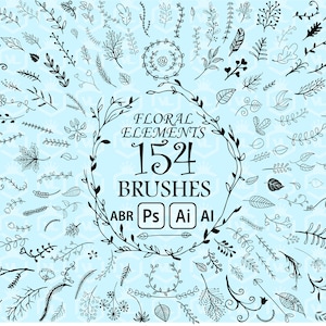 Hand drawn floral elements, Brushes for Photoshop and Illustrator,  Flora brush set, Floral branch design