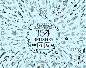 Elementi floreali disegnati a mano, Pennelli per Photoshop e Illustrator, Set di pennelli Flora, Design di rami floreali