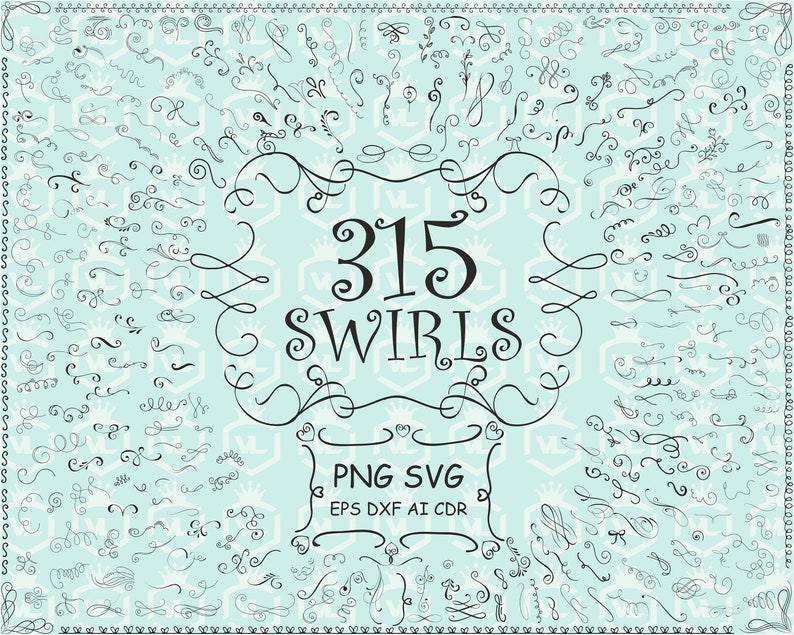 May include: A digital download of 315 hand-drawn swirls in black on a light blue background. The text "315 Swirls" is in the center of the image. The text "PNG SVG EPS DXF AI CDR" is below the text "315 Swirls".