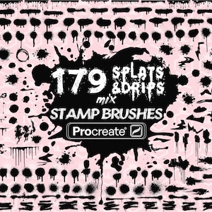 Może przedstawiać: Zestaw 179 czarno-białych pędzli stemplowych Procreate z plamami i kroplami. Pędzle są przeznaczone do sztuki cyfrowej i ilustracji.