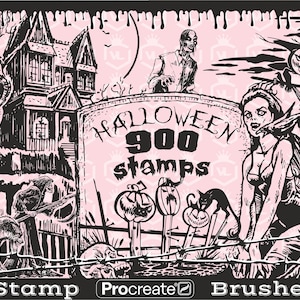Halloween Procreate Stamp Brushes, Ghosts Pumpkins Bats Ghost houses Zombies Witches Procreate Stamps, Gothic Brushset for iPad