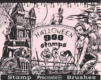 Halloween Procreate Stamp Brushes, Ghosts Pumpkins Bats Ghost houses Zombies Witches Procreate Stamps, Gothic Brushset for iPad