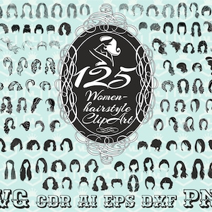 Paquete de imágenes prediseñadas de peinado de mujer SVG ai PNG cdr eps DXF, Corte de cabello de dama Peinado de niña, Silueta de cabello, Fondo transparente, Cricut, Cortar archivo