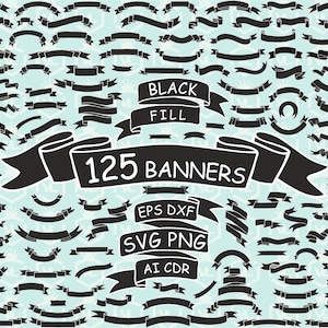 Zwarte banners, linten, label, scroll Clip Art Clipart witte omtrek zwarte opvulling ontwerp Svg-bestanden, Png Eps-bestanden Cricut Cut-bestanden