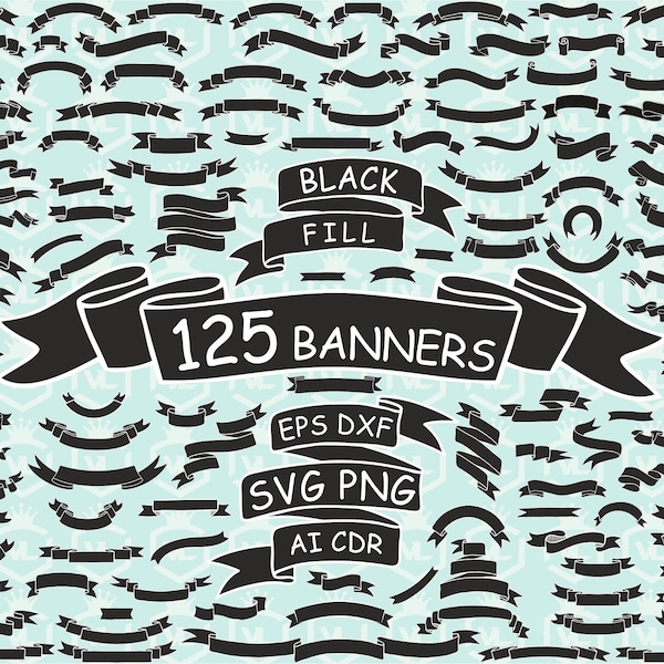 Black Banners, Ribbons, Label, Scroll Clip Art Clipart White outline Black fill Design Svg Files, Png Eps Files Cricut Cut Files