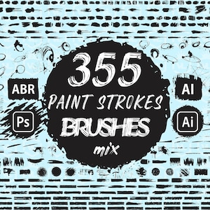 May include: A collection of 355 paint stroke brushes for Adobe Photoshop and Illustrator. The brushes are black and white and are arranged in a grid on a light blue background. The text "355 Paint Strokes Brushes Mix" is written in white on a black circle.