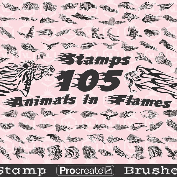 Animals in Flames Procreate Stamp Brushes, Wild Tattoo Procreate Stamps, Zoo Brushset for iPad