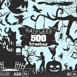 May include: A set of 500 Halloween themed brushes for digital art. The brushes include images of bats, ghosts, pumpkins, spiders, witches, and more. The brushes are available in ABR, PS, and AI formats.