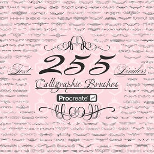 May include: A digital illustration of 255 calligraphic brushes for use with the Procreate app. The brushes are black and white and are arranged in rows on a pink background. The text "255 Calligraphic Brushes" is written in a large, decorative font.