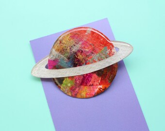 Hand painted Planet Brooch, Art Brooch, Saturn Brooch