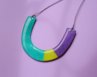 Hand-painted Arch Necklace, Reversible Collage Paper, Waterproof Waxed Cord