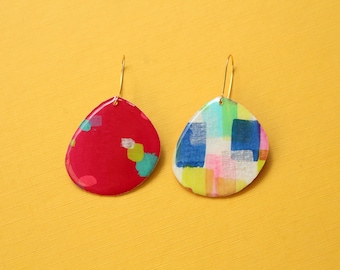 Reversible Abstract Art Earrings, Hand-Painted Paper Drop Earrings