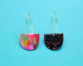 Reversible Watercolor Paper Art Earrings, Long Hook Earrings