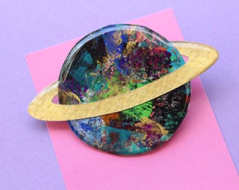 Hand painted Planet Brooch, Art Brooch, Saturn Brooch