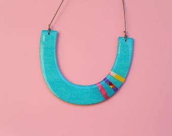 Reversible Statement Necklace, Collage Necklace, Colourful Necklace, Hand painted Necklace, Waxed Cord Necklace, Arch necklace