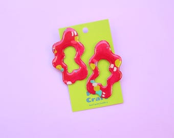 Hand-Painted Paper Wavy Hoop Earrings, Lightweight Resin Coated