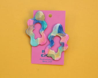 Hand-Painted Paper Wavy Hoop Earrings, Lightweight Resin Coated