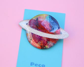 Hand painted Planet Brooch, Art Brooch, Saturn Brooch