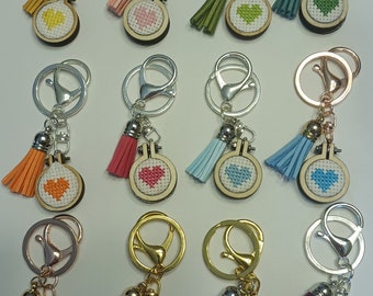 Heart Cross Stitch Keychain - Handmade Embroidered Charm - Gift for Her