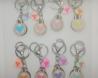 Candy Heart Cross Stitch Keychain - Cute Handmade Gift - Sweet Valentine Accessory