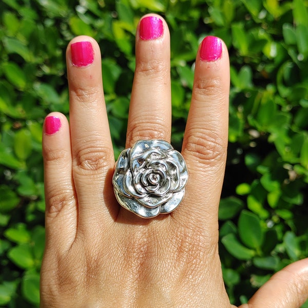 Rose Flower Engraved Band Cocktail Statement Ring , Authentic Handmade Taxco Mexican Electroformed Sterling Silver 925