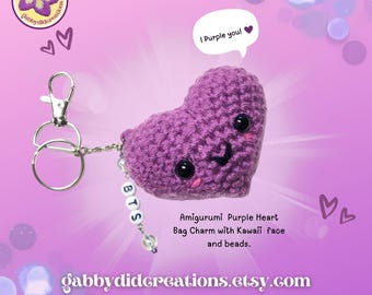 Amigurumi Purple Heart, I purple you, BTS Fan art, Bag Charm, Key ring, Army, Kawaii Heart, gift, birthday, love, friend.