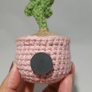 May include: A small crocheted potted plant with a green palm tree and a pink pot. The pot has a black circle on the back.