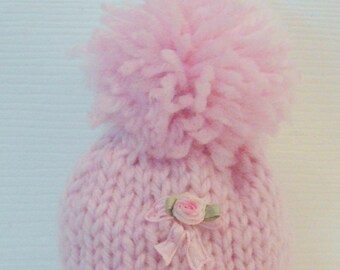 Precious handmade preemie NICU premature baby winter wool hat satin ribbon rose pink pom pom OOAK pink roses winter wool hat shabby chic