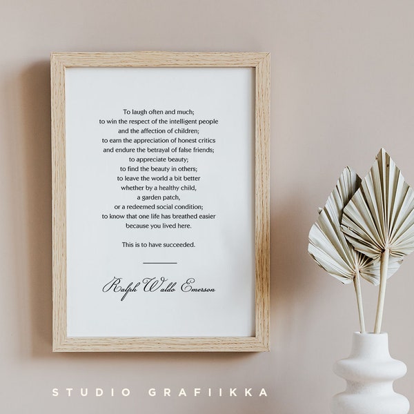 Ralph Waldo Emerson Quote Print 2 - This is to have succeeded - Typography Print - UNFRAMED Poster - Minimal, Black and White - Motivational
