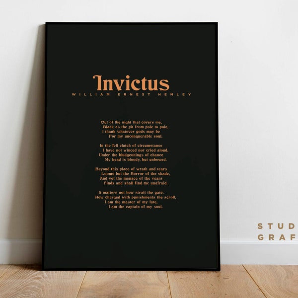 Invictus Print - William Ernest Henley - Cartel tipográfico, UNFRAMED - Poema motivacional - Impresión minimalista - Literatura - Gris oscuro, Marrón