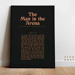 The Man in the Arena Theodore Roosevelt UNFRAMED Poster Typography Poster Motivational Speech Minimalist Print Dark Grey, Brown image 1