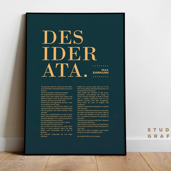 Desiderata Art Print - UNFRAMED Poster - Max Ehrmann Poem - Typographic Poster 9 - Motivational - Literature - Navy and Beige