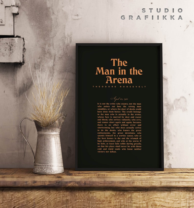 The Man in the Arena Theodore Roosevelt UNFRAMED Poster Typography Poster Motivational Speech Minimalist Print Dark Grey, Brown image 2
