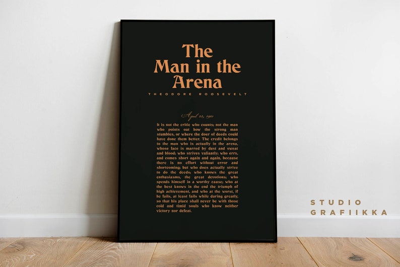 The Man in the Arena Theodore Roosevelt UNFRAMED Poster Typography Poster Motivational Speech Minimalist Print Dark Grey, Brown image 1