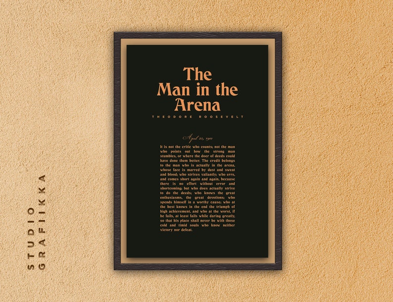 The Man in the Arena Theodore Roosevelt UNFRAMED Poster Typography Poster Motivational Speech Minimalist Print Dark Grey, Brown image 3