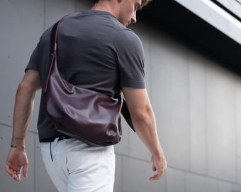 Large Leather Hobo Bag for Men, Handmade Burgundy Shoulder Bag, Laptop Work Bag, Everyday Carry