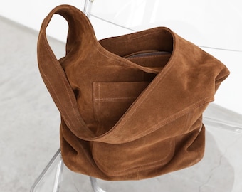 Borsa shopper in pelle scamosciata marrone: borsa tote in pelle