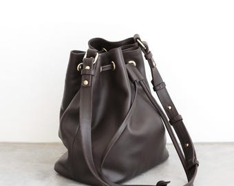 Chocolate Leather Bucket Bag, Handmade Drawstring Purse, Convertible Crossbody Bag