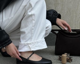 Svarta läderskor i Mary Jane-modell för kvinnor, handgjorda ballerinaskor, klassisk vardagsstil