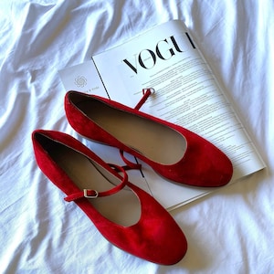 Red suede mary jane shoes hot sale